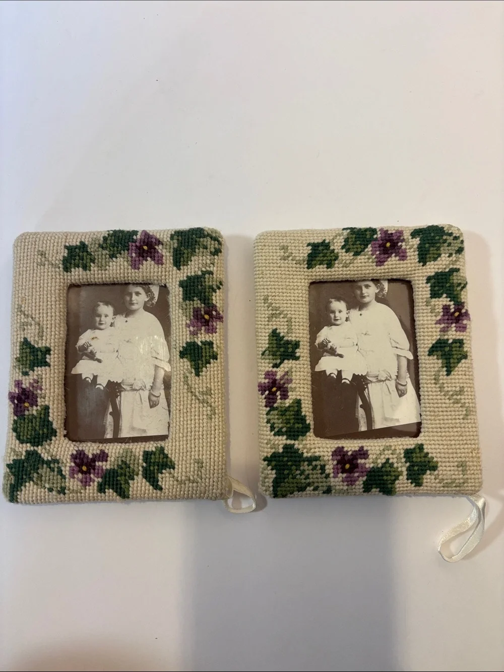 Vintage Handmade Floral Needlepoint Picture Frames - Pair of 2